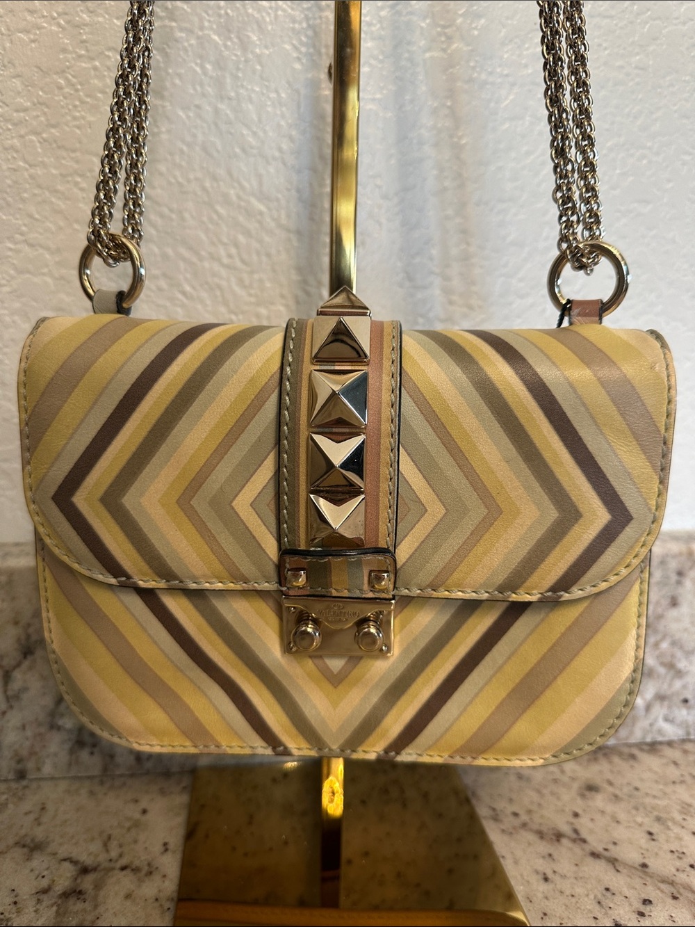 Valentino Garavani Yellow Brown Crossbody Bag with Pyramid Studs